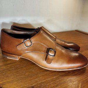 Santoni Handmade Italian Double Buckle Brown Leather Shoes Men (39)